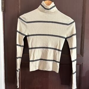Theory Cream and Black Striped Turtleneck Sweater